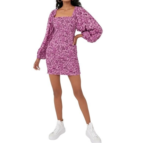 NWT Free People Mini Dress Long Sleeved Bodycon Floral Purple Magenta Size Small - Picture 8 of 14